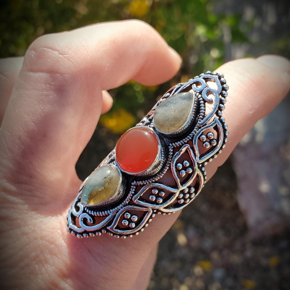 New Amazing Labradorite & Carnelian 925 Silver Ring. - Picture 3 of 12
